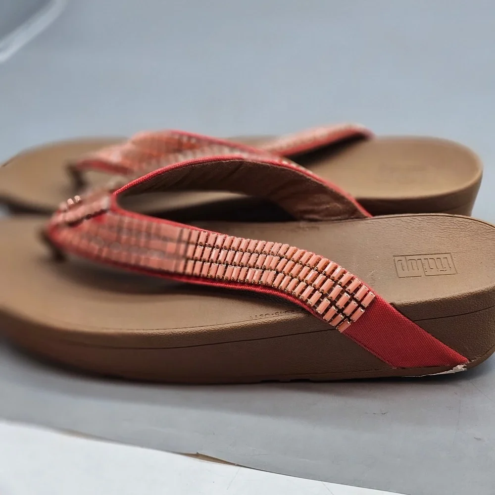 FitFlop Lulu Crystal Stone Lava Coral Beaded Wedge Sandals V04-699 Womens 11